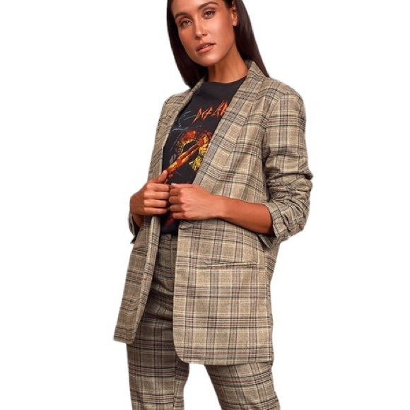 Lulus Coffee Dates Light Brown Plaid Ruched Sleeve Blazer - XS - Picture 2 of 15